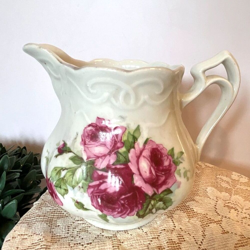 Shabby Chic vintage porcelain milk pitcher, gorgeous cabbage roses must see